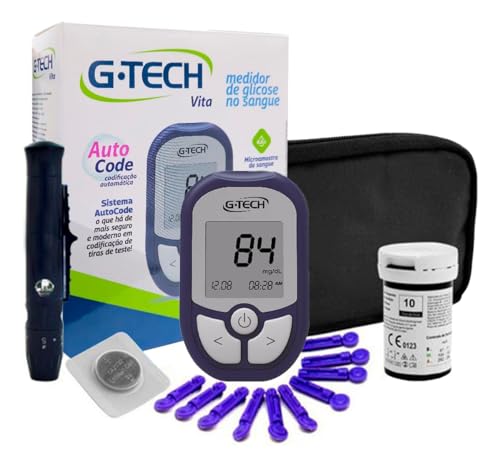 Kit Medidor de Glicose G-Tech Vita Com 10 Tiras + 10 Lancetas E Caneta Lancetadora - Glicosímetro Glicemia