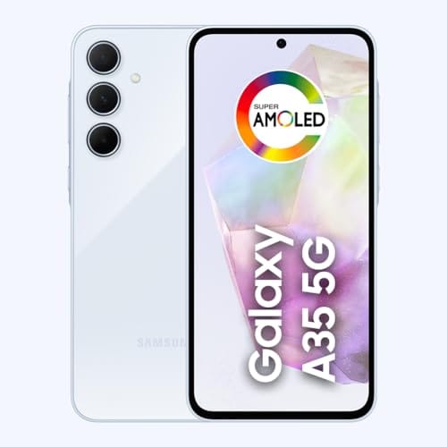 Samsung Galaxy A35 5G, Câmera Tripla Traseira de até 50MP, Selfie de 13MP, Nightography, Apagador de objetos, Design em vidro, IP67, Tela Super AMOLED de 6.6" 120Hz Vision Booster, 256GB - Azul Claro