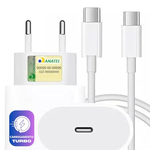 Carregador Turbo Compativel c/Novo iPhone 16, 16 pro, 16 pro max, iPhone 15, 15 pro, 15 pro max, IOS/Android, 5.0 Super Rapido, Fonte Entrada Tipo-C + Cabo USB-C Fast Charge, Certificado UTBRX
