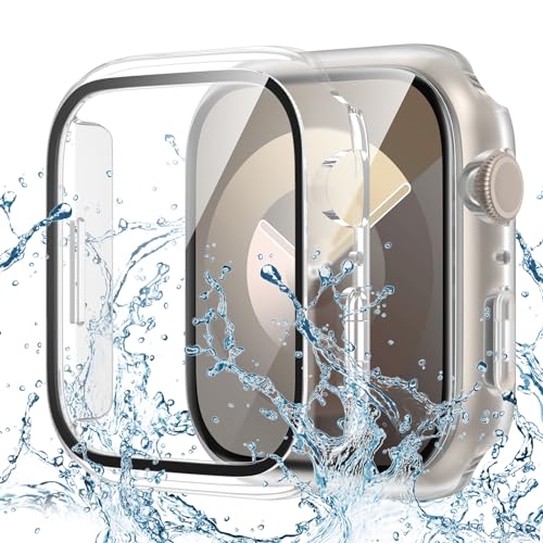 Goton Capa à prova d'água para Apple Watch 45 mm Series 9 8 7 Capa, capa protetora completa de policarbonato rígido, capa de para-choque, acessórios projetados para iWatch de 45 mm, transparente