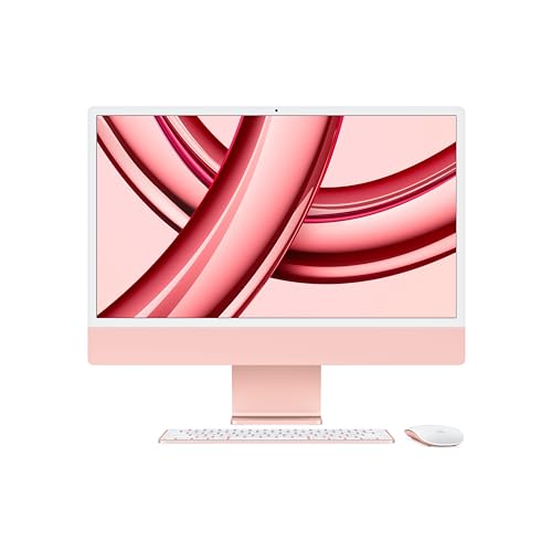 iMac. O computador desktop tudo em um da Apple com chip M3 (2023): CPU de 8 núcleos, GPU de 8 núcleos, tela Retina 4.5K 24 pol, 8 GB de memória unificada, SSD de 256 GB e acessórios na mesma cor.Rosa