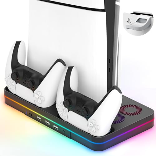 Ps5 Slim Console Cooling Station, Ps5 Slim(Disc & Digital Editions) Acessórios de suporte com 2 ventoinhas de resfriamento e 2 estações de carregamento de controladores, suporte de resfriamento