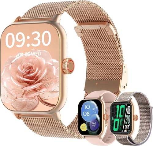 Smartwatch Tela Full Touch 1.85", Resistente à Água IP68, Compatível com iOS e Android, 120+ Modos Esportivos, Assistente de Voz, Faz e Recebe Ligações, Unissex, 3 Pulseiras, Ouro