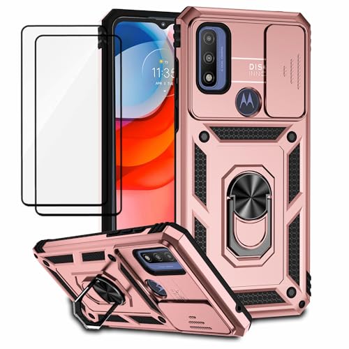 Capa para Motorola Moto G Play (2023) Capinha | incluindo 2 pedaços de película protetora de filme temperado, com janela deslizante de proteção para câmera e suporte para celular - Rosa