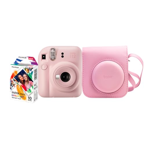 Kit Câmera Instax Mini 12 com pack 10 fotos Spray Art e Bolsa Rosa Gloss