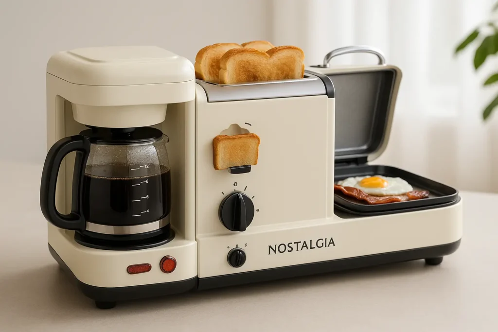 Nostalgia Estação Retrô 3 em 1: Café, Torradas e Grelha em Um Só Aparelho