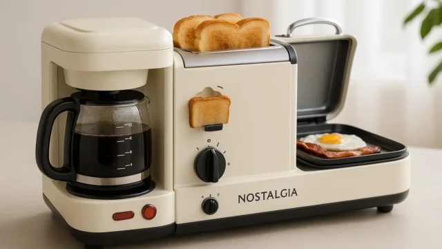 Nostalgia Estação Retrô 3 em 1: Café, Torradas e Grelha em Um Só Aparelho