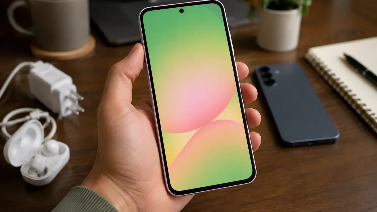 Mão segurando Samsung Galaxy A56 sobre mesa real enquanto compara versões de 128GB e 256GB antes da compra.