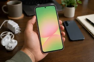 Mão segurando Samsung Galaxy A56 sobre mesa real enquanto compara versões de 128GB e 256GB antes da compra.
