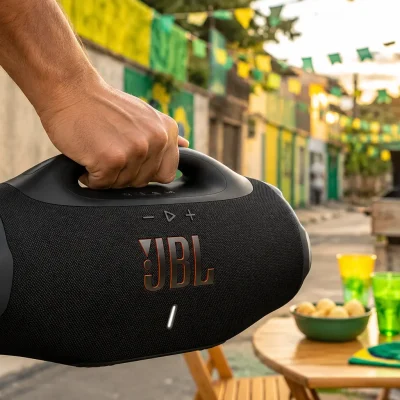 JBL Boombox 4 sendo segurada pela alça em rua brasileira pintada e enfeitada para a Copa